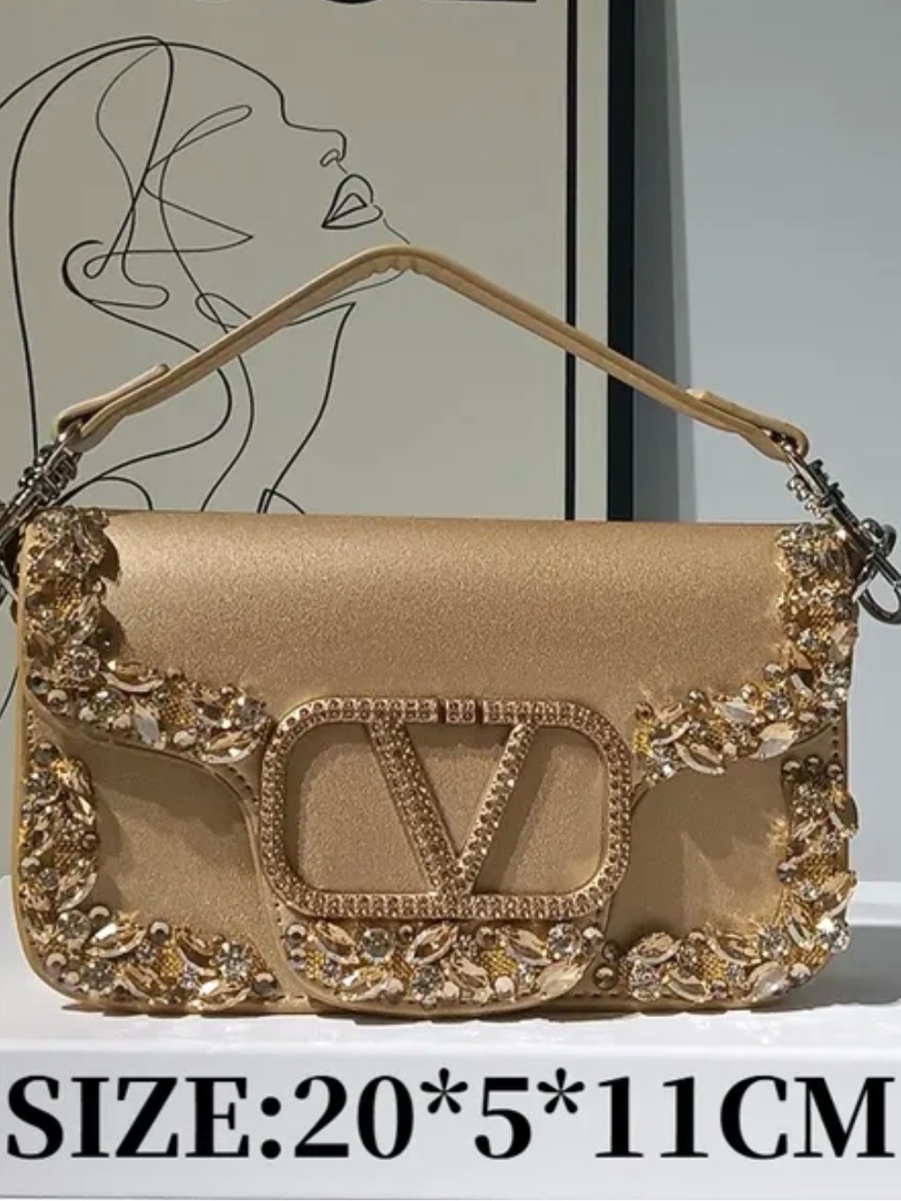 Gold Embellished Shoulder Bag with Decorative Logo Accent